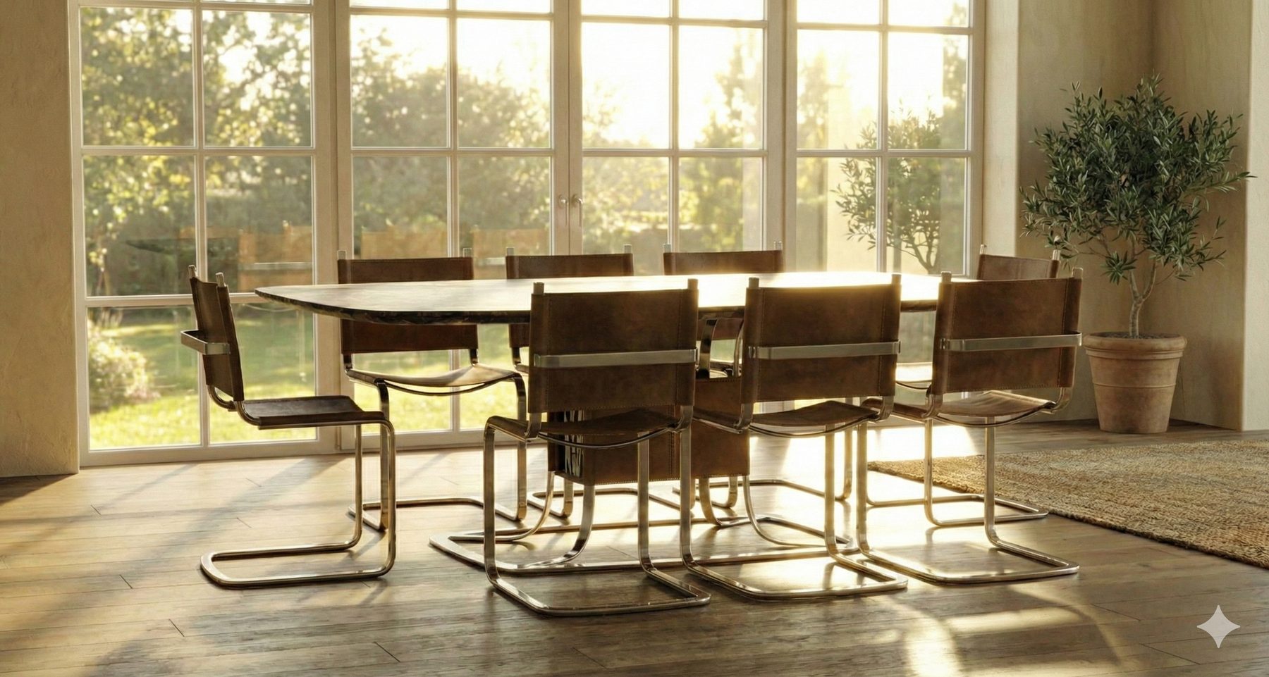 The dining table in a sunlit room, surrounded by tan leather cantilever chairs